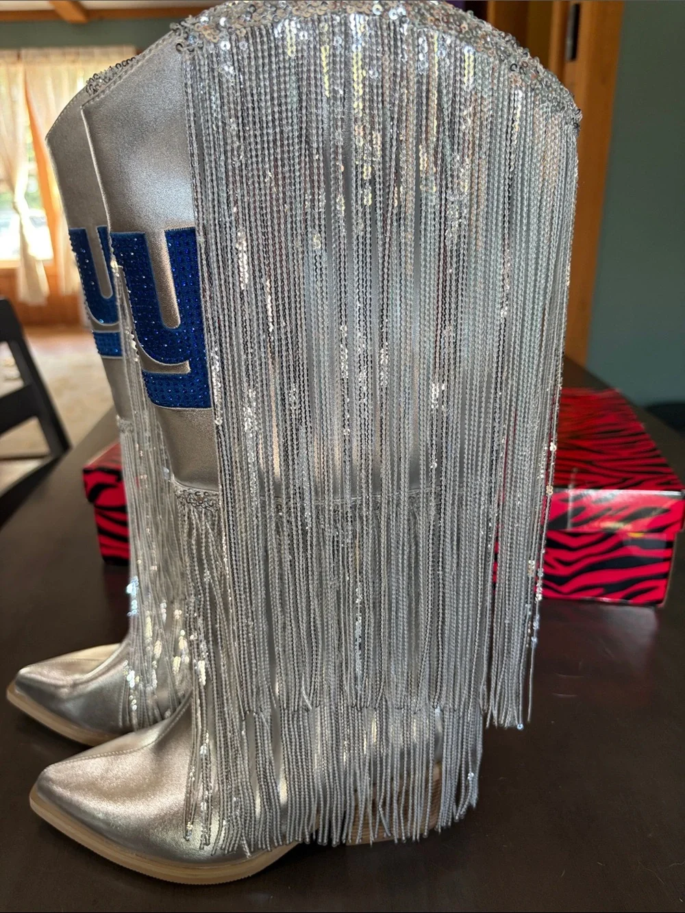 NFL Licensed Silver Fringe Cowboy Boots - New York Giants